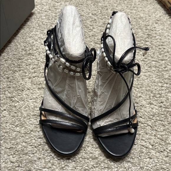 Sam Edelman 'Scarlette' Tie Heel Sandals black leather w pearl embellishments - Picture 3 of 11